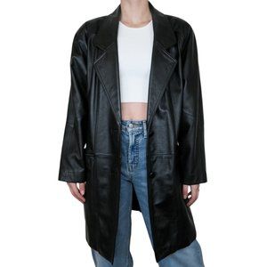 Vintage 90s Preston & York Black Leather Blazer Trench Coat